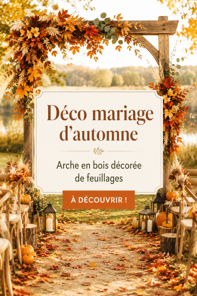 Arche en bois décorée avec des feuilles pour un mariage d'automne