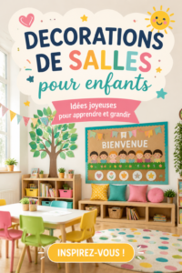 Salle de classe joyeusement décorée avec des couleurs vives et des éléments ludiques.