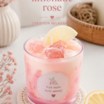 Bougie rose maison parfumée à la limonade sur une table en bois