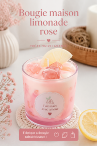 Bougie rose maison parfumée à la limonade sur une table en bois