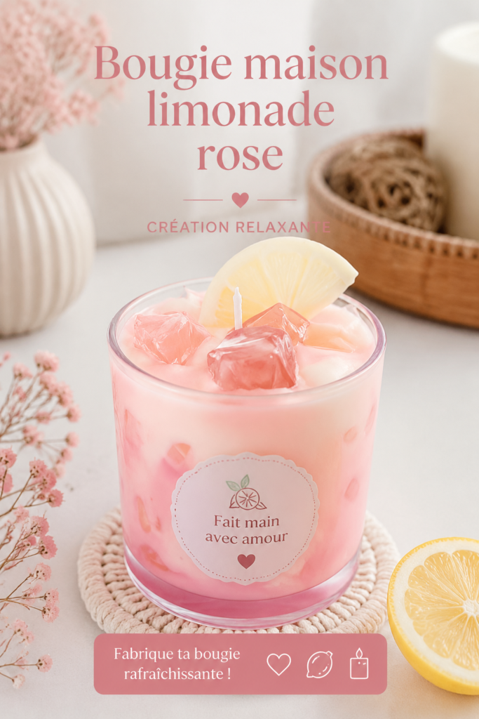 Bougie rose maison parfumée à la limonade sur une table en bois