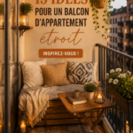 Un balcon étroit joliment aménagé avec des fleurs et des meubles confortables