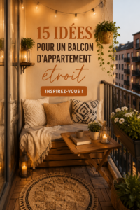 Un balcon étroit joliment aménagé avec des fleurs et des meubles confortables