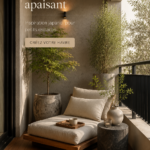 Aménagement d'un balcon cosy au style japandi avec des matériaux naturels et des plantes