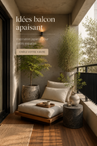 Aménagement d'un balcon cosy au style japandi avec des matériaux naturels et des plantes