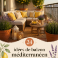 Un balcon décoré de plantes méditerranéennes, avec lavande et citronniers.