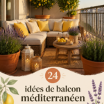 Un balcon décoré de plantes méditerranéennes, avec lavande et citronniers.