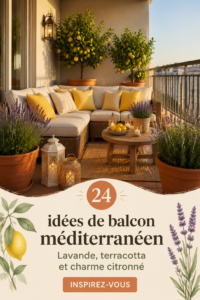 Un balcon décoré de plantes méditerranéennes, avec lavande et citronniers.