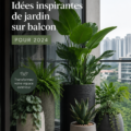 Balcon fleuri avec plusieurs pots de plantes et un mobilier accueillant.