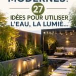 Jardin moderne illuminé avec des jeux d'eau apaisants