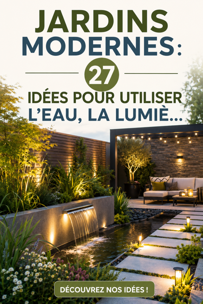 Jardin moderne illuminé avec des jeux d'eau apaisants