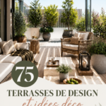 Terrasse moderne avec des meubles confortables et des plantes vertes, créant une ambiance chaleureuse.