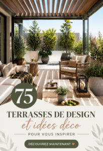 Terrasse moderne avec des meubles confortables et des plantes vertes, créant une ambiance chaleureuse.
