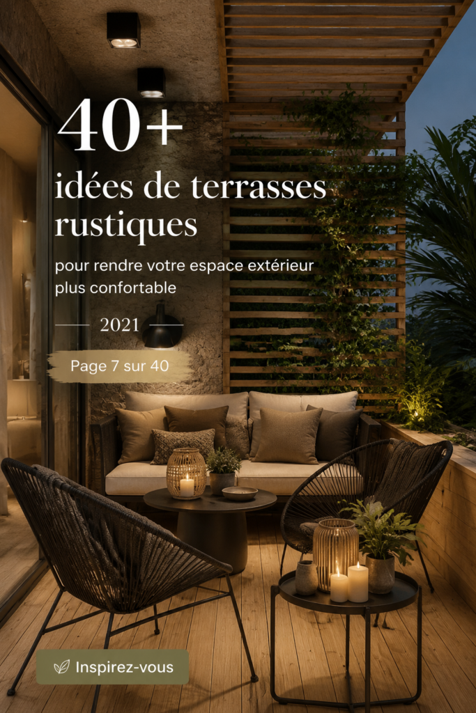 Terrasse rustique accueillante avec des meubles en bois et des plantes vertes.