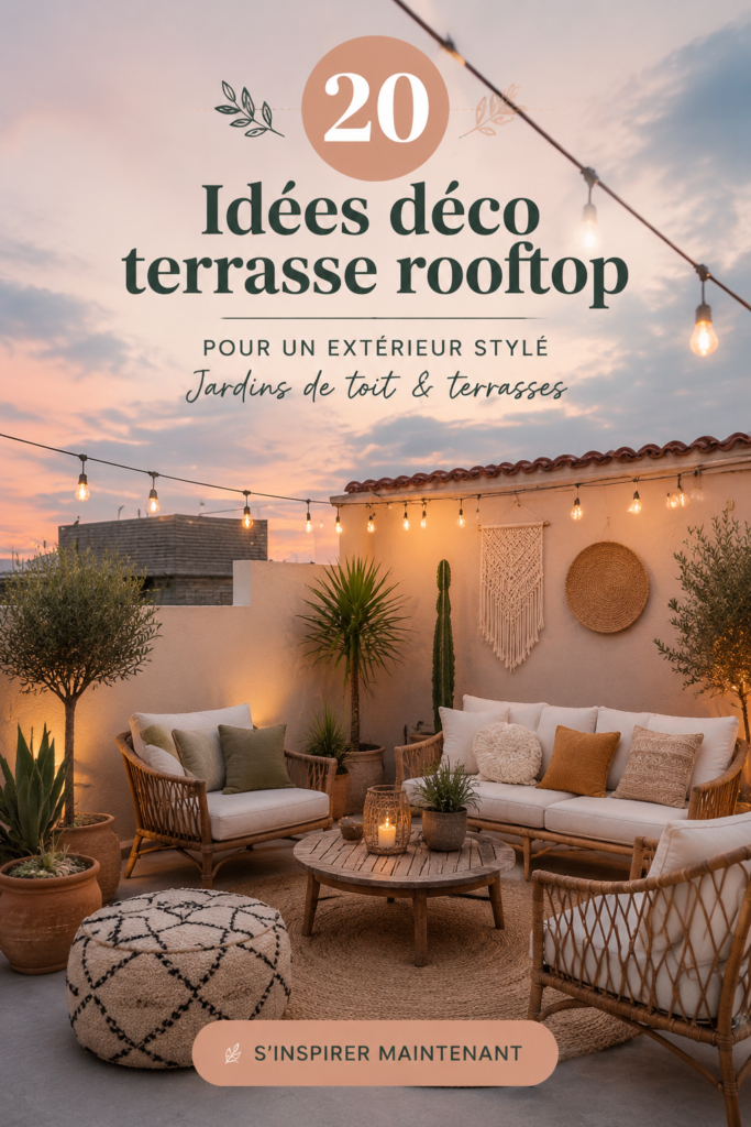 Une belle terrasse sur le toit aménagée avec des plantes et des meubles confortables, parfaite pour se détendre.
