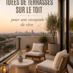 Une terrasse sur toit avec des plantes et des sièges confortables pour un espace détendu.