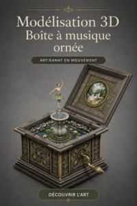 Modèle 3D d'une boîte à musique ornée, mettant en avant des détails artistiques