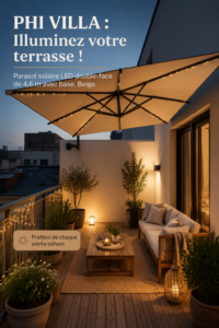 Parasol solaire beige illuminant une terrasse élégante