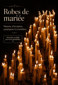 Robe de mariée élégante exposée sur un cintre dans une boutique, représentant le choix varié pour les fiancées.