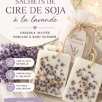 Sachets de cire de soja à la lavande disposés sur une table de mariage