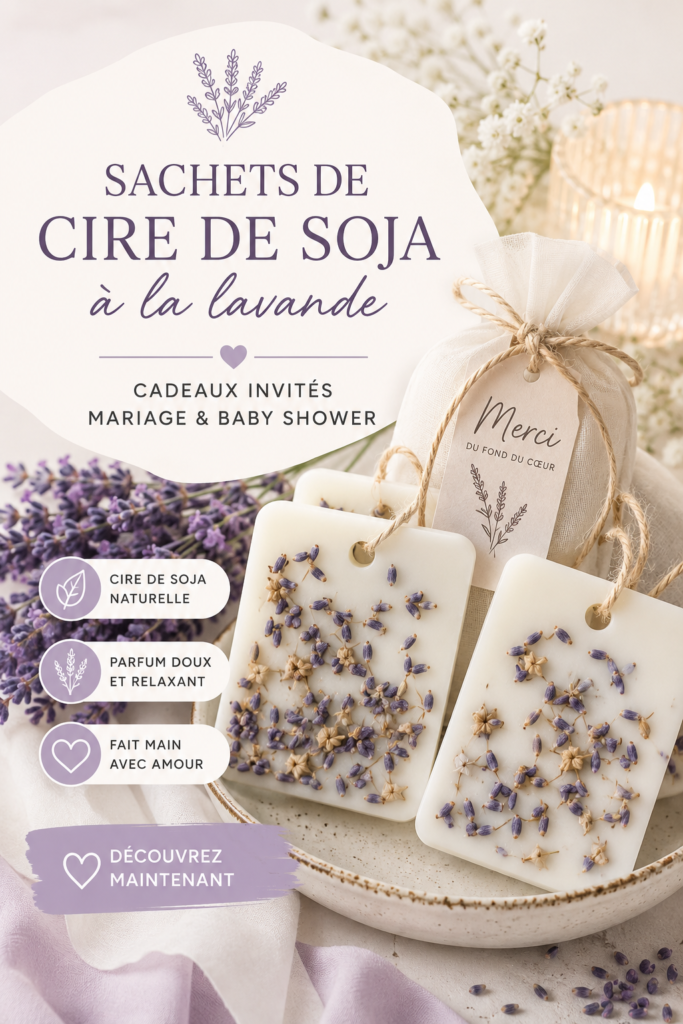 Sachets de cire de soja à la lavande disposés sur une table de mariage