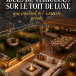 Terrasse de luxe avec mobilier élégant, vue imprenable et végétation luxuriante.