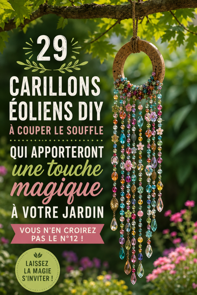 Un jardin fleuri avec un carillon fait maison en bois et coquillages