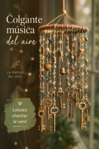 Attrape-rêve musical coloré suspendu dans un intérieur chaleureux.