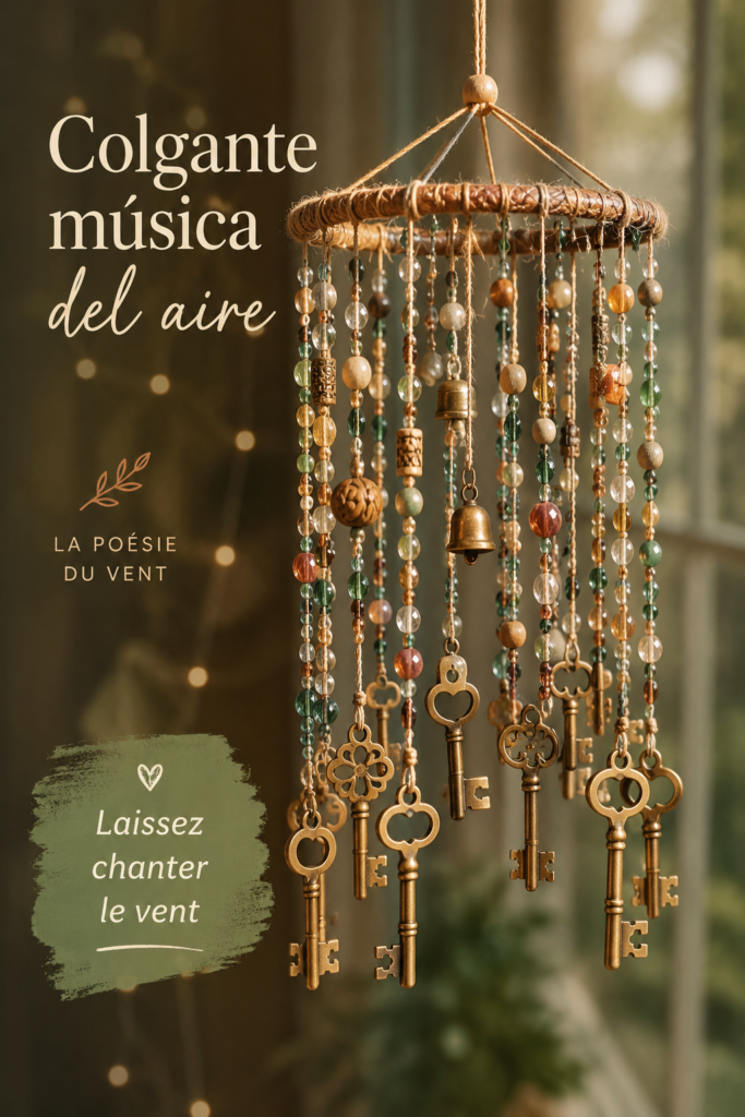 Attrape-rêve musical coloré suspendu dans un intérieur chaleureux.