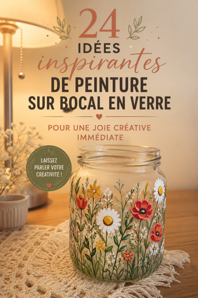 Bocaux en verre peints avec des motifs colorés sur une table en bois.