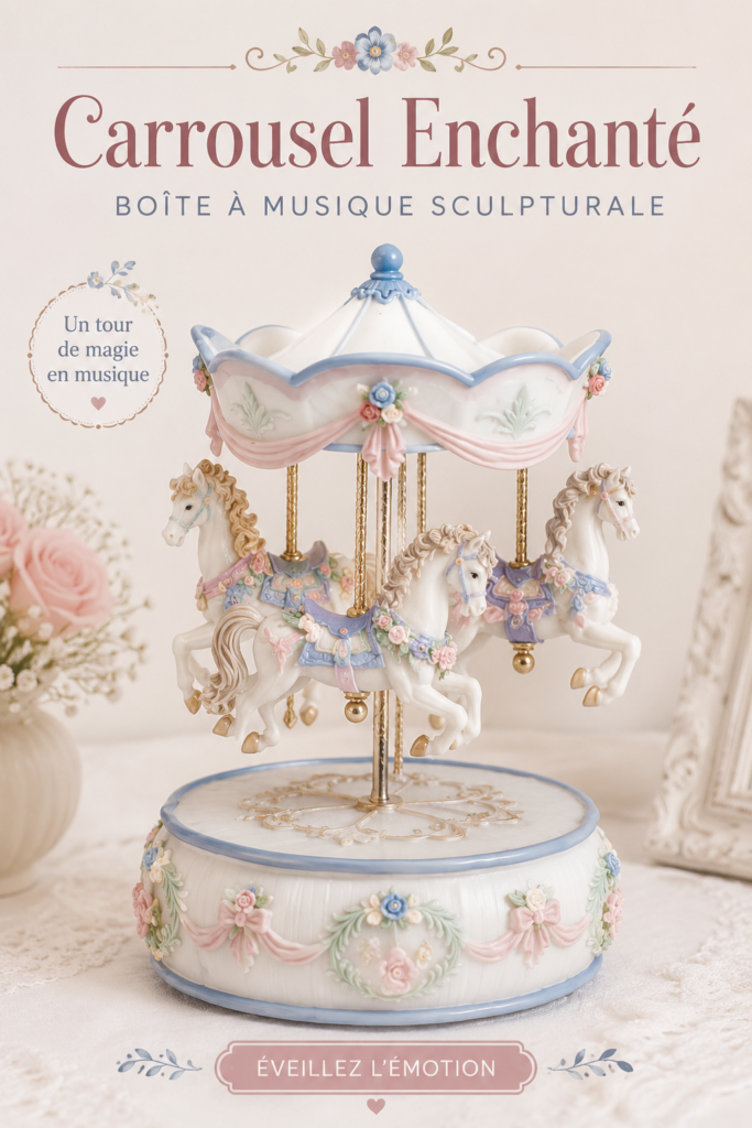 Boîte à musique vintage en bois sur une étagère décorative avec des plantes.