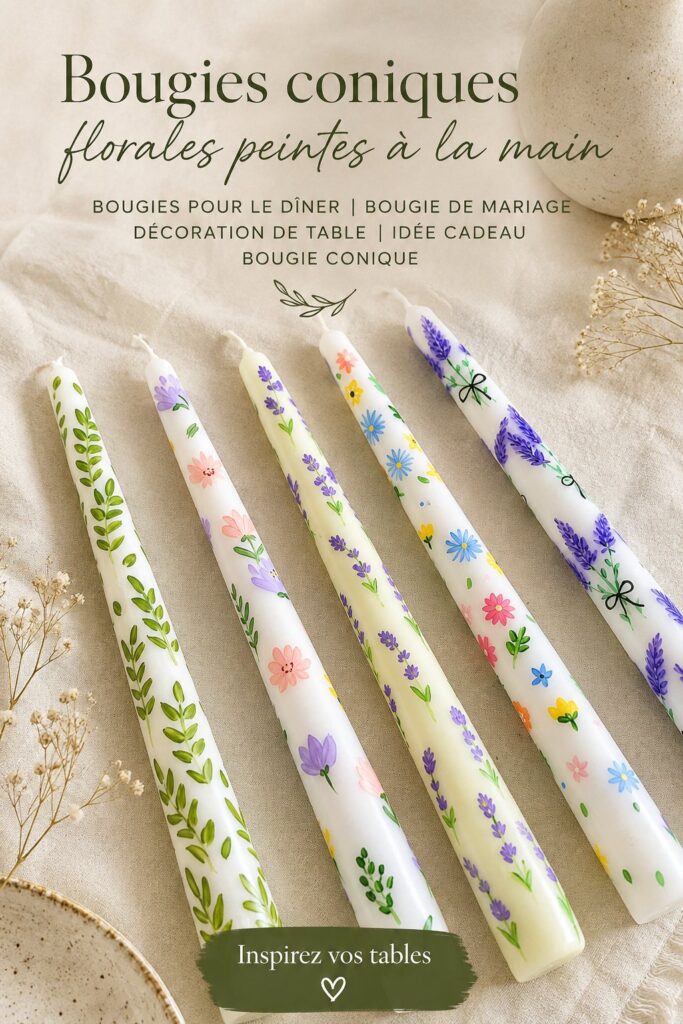 Bougies coniques florales sur une table élégamment décorée