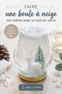 Boule à neige maison créée avec un pot en verre, remplie de neige artificielle et décorations