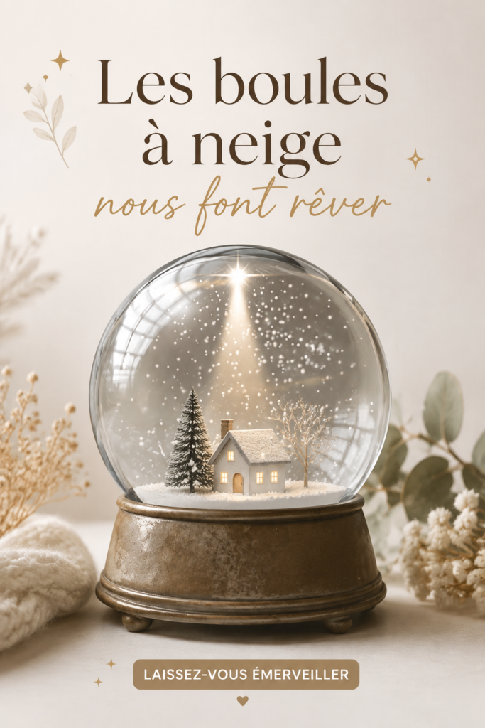 Boules à neige décoratives sur une étagère dans un salon chaleureux