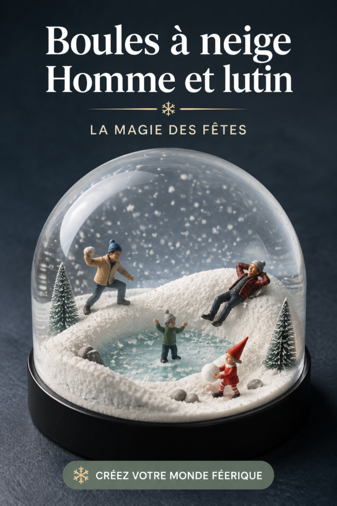 Boules à neige décoratives sur une table de Noël, apportant une touche chaleureuse à l'intérieur.