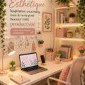 Un bureau esthétique aménagé en rose et vert, avec des plantes et une décoration cosy.