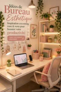 Un bureau esthétique aménagé en rose et vert, avec des plantes et une décoration cosy.