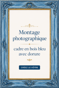 Un montage photo élégant dans un cadre en bois bleu doré, mettant en valeur des souvenirs précieux.