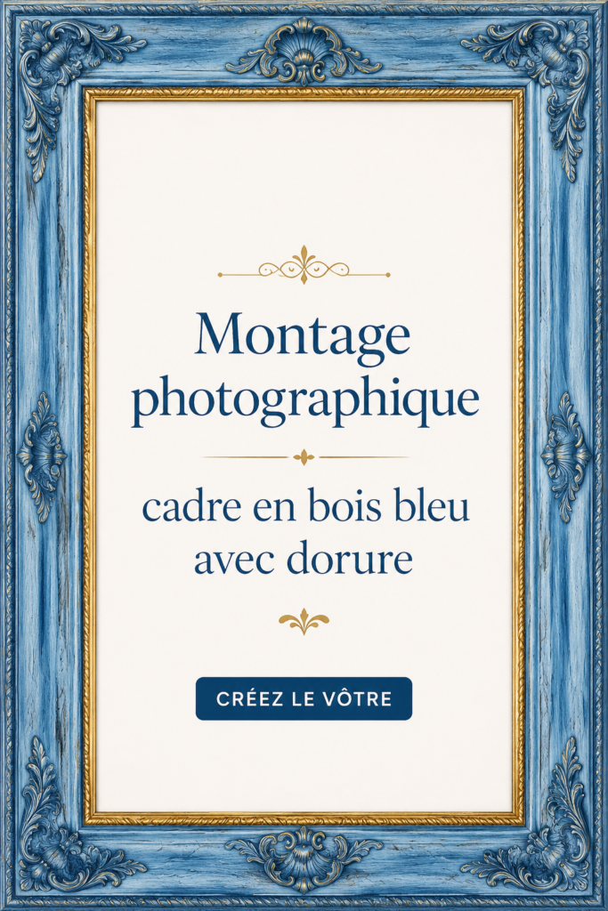 Un montage photo élégant dans un cadre en bois bleu doré, mettant en valeur des souvenirs précieux.