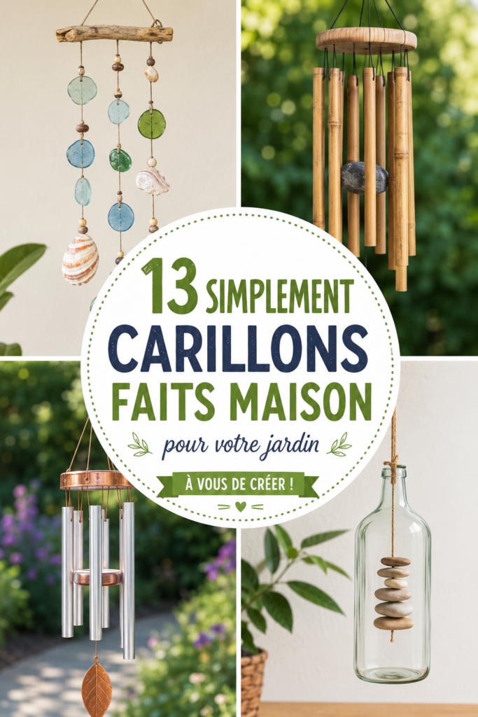 Un jardin avec des carillons artisanaux colorés qui ajoutent une ambiance joyeuse.