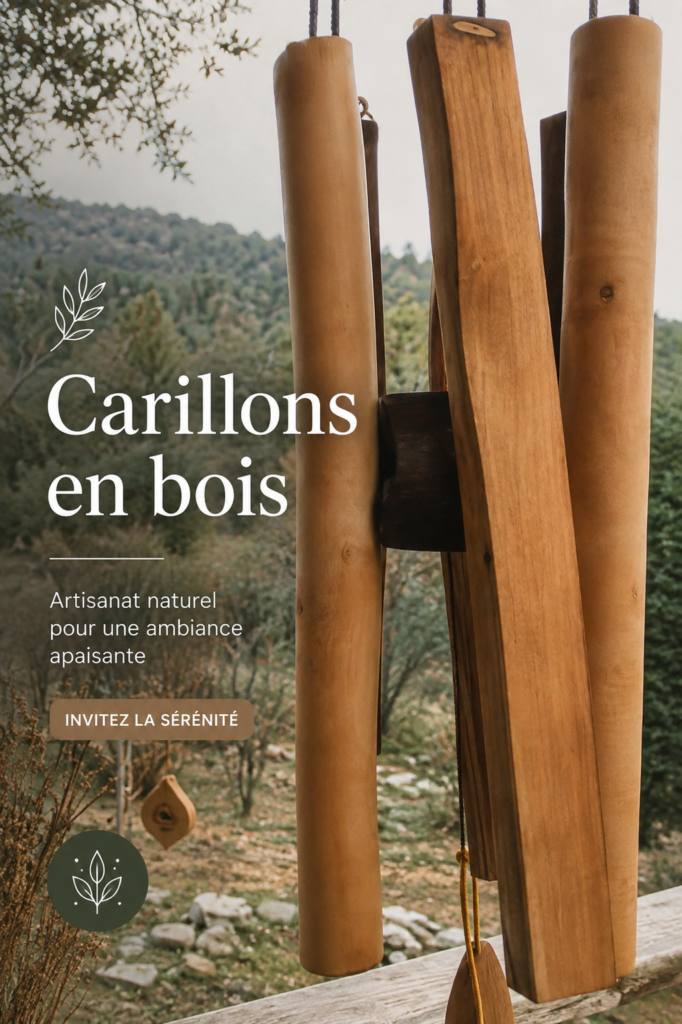 Un élégant carillon en bois fait main suspendu dans un jardin.