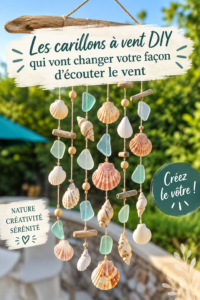 Carillon à vent DIY coloré en bois et métal suspendu dans un jardin ensoleillé.