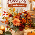 Composition florale d'automne avec des couleurs chaudes et une ambiance accueillante.