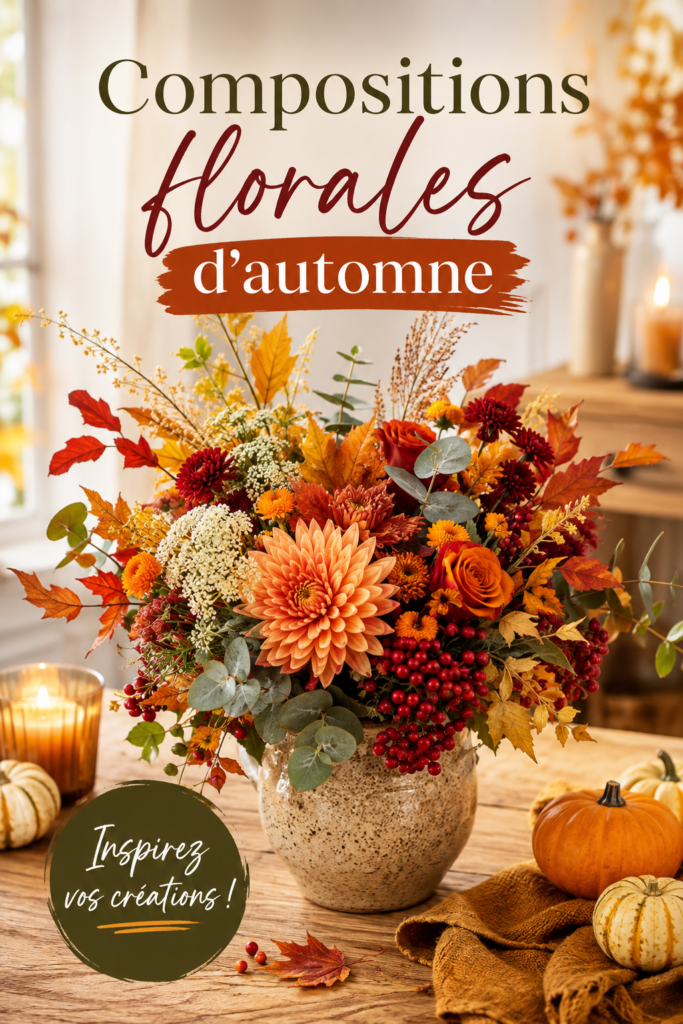 Composition florale d'automne avec des couleurs chaudes et une ambiance accueillante.