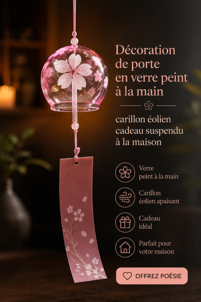 Carillon en verre peint suspendu à une porte, apportant une décoration unique et chaleureuse.
