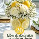 Table décorée avec des éléments de citron et des fleurs. Ambiance fraîche et accueillante.