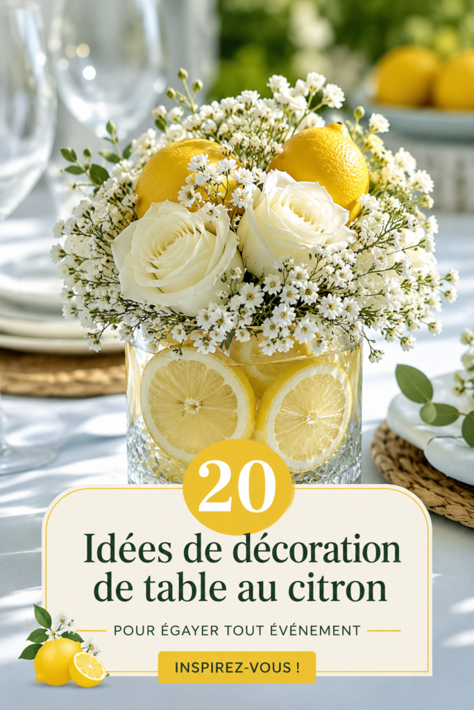 Table décorée avec des éléments de citron et des fleurs. Ambiance fraîche et accueillante.