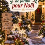 Jardin décoré pour Noël avec des lumières et des couronnes festives.
