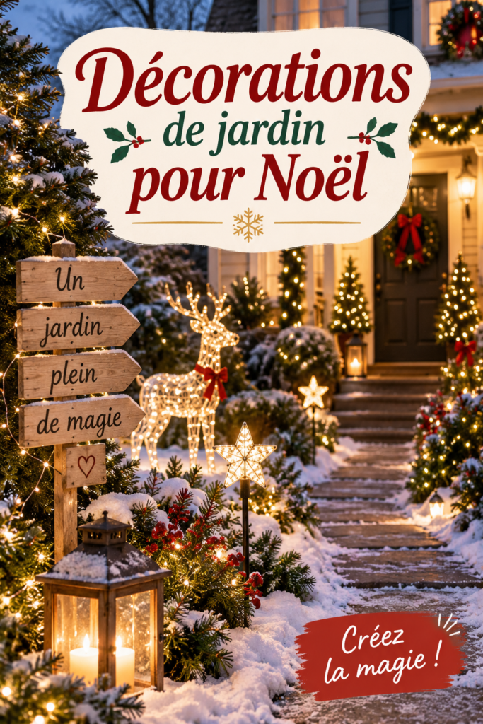 Jardin décoré pour Noël avec des lumières et des couronnes festives.