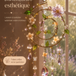 Un sun catcher coloré suspendu capturant la lumière dans un intérieur chaleureux.